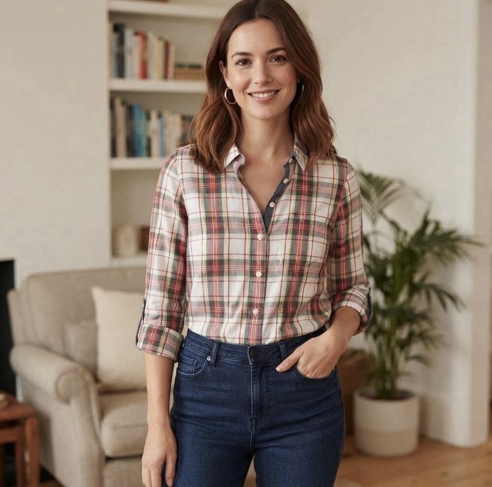 Tommy Hilfiger Women's Red Green Plaid Metallic Thread Roll-Tab Shirt Size M
